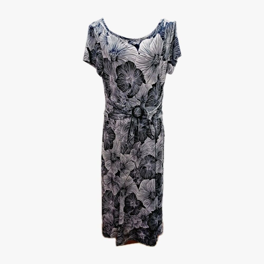 Perception NY Blue Knit Floral Short Sleeve Casual Dress Women's Size LARGE